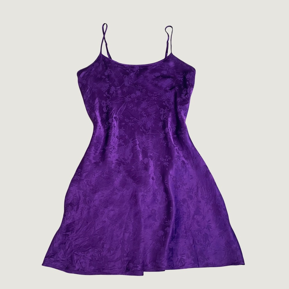 Vintage 90s Purple Silk Floral Jacquard Mini Slip Dress Coquette Y2K Small